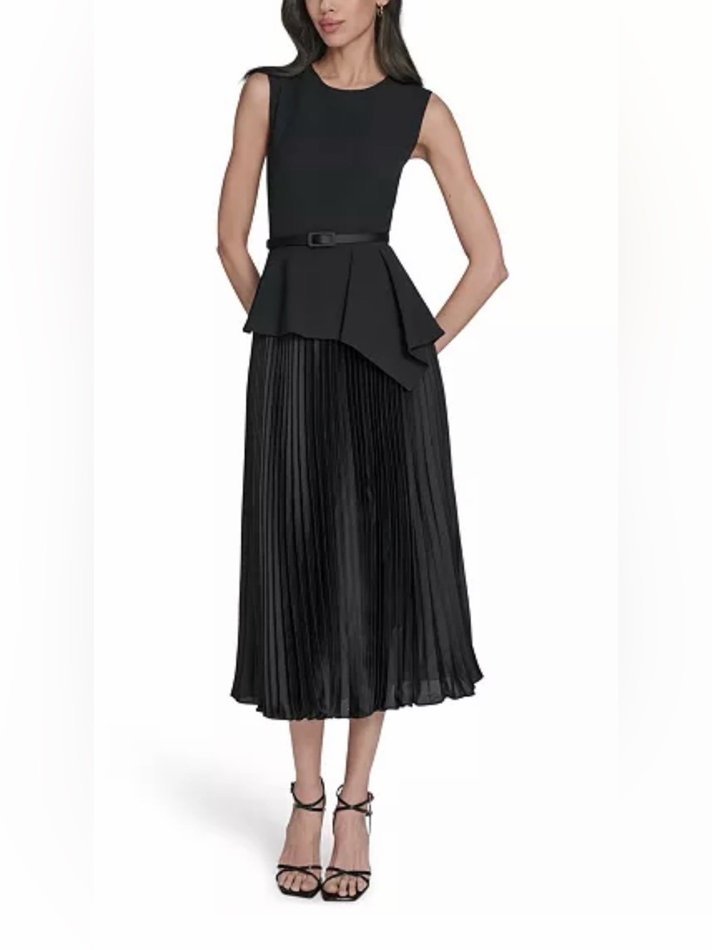 NWT Eliza J Black Pleated Midi Skirt with Peplum Belted Top